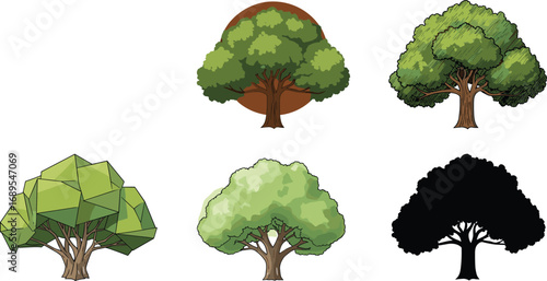 Stylized tree illustrations collection with geometric, hand-drawn, silhouette, and natural green foliage designs, vector forest elements, tree clipart set.