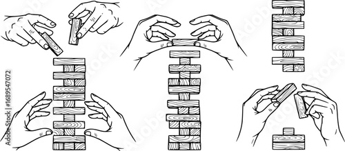 Wood stack balances game icons set