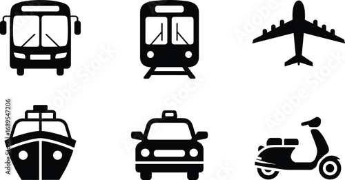 Transportation icons set including bus, train, airplane, boat, taxi, scooter, public transit, travel, vehicle, transportation, commuting, transport, travel icons.