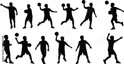 Silhouettes of children playing basketball, kids throwing and catching basketball, active outdoor sports, teamwork, physical activity, youth exercise, fun game moments