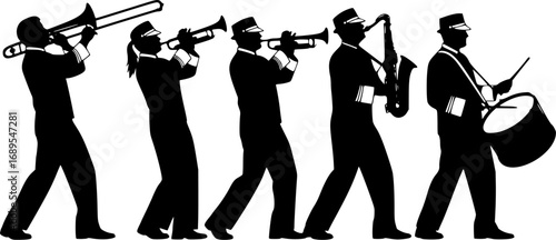 Marching band playing instruments Silhouette vector illustration