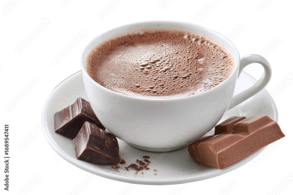 Fototapeta premium Creamy hot chocolate in white cup, with chocolate pieces