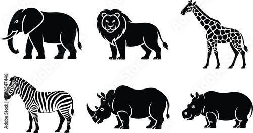 Wildlife animal silhouettes including elephant, lion, giraffe, zebra, rhino, and hippo, perfect for safari, nature, wildlife designs.