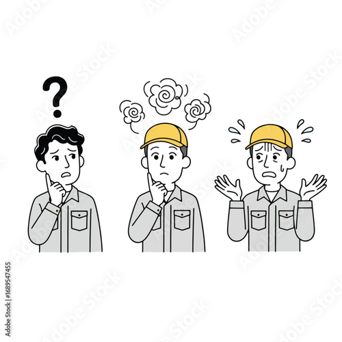 Confused worker with question mark isolated on white background