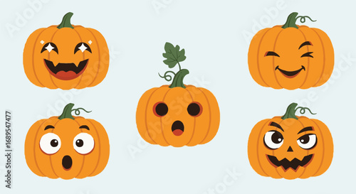 Halloween cartoon pumpkin collection with various funny and spooky facial expressions. Cute autumn squash vector assets for holiday design.