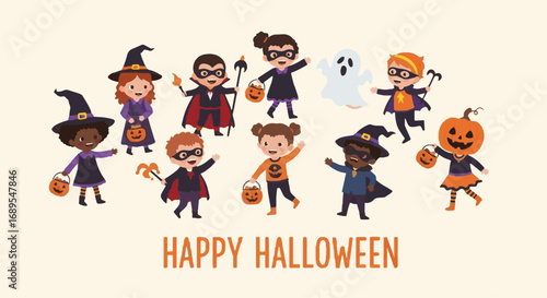 Happy Halloween illustration with diverse children in costumes trick or treating. Festive vector for holiday celebration and party assets.