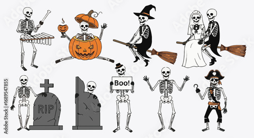 Funny Halloween skeleton characters vector set. Diverse spooky bony figures: musician, witch, pirate, wedding, gravestones. Holiday assets.