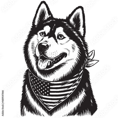 Illustration of husky dog wearing american flag bandana scarf