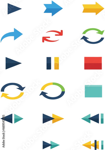 A versatile concept collection of vibrant flat design arrow icons and essential media control symbols, perfect for modern digital interfaces and intuitive navigation