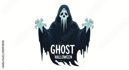 Spooky Ghost Halloween character design asset, featuring a grim reaper-like figure with a hooded cloak and skull face for horror, party, seasonal themes.