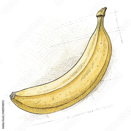 Hand-drawn illustration of a single ripe banana, sketched style, textured background, vintage aesthetic.