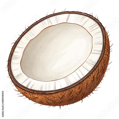 Half Coconut, Watercolor Style, Tropical Fruit, Fresh,  Summery,  Vibrant,  Isolated on Black Background,  Food Illustration.