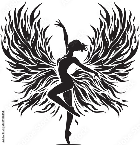Elegant Silhouette of a Ballerina with Fiery Angelic Wings in Dramatic Pose