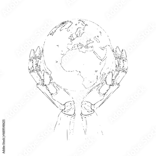Sketch of robot hands holding a globe showing africa and europe in black and white line art style