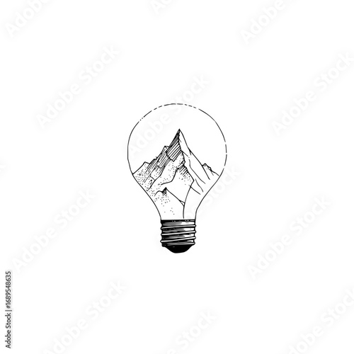 Illustration of a mountain range inside a lightbulb with a black and white color palette design style
