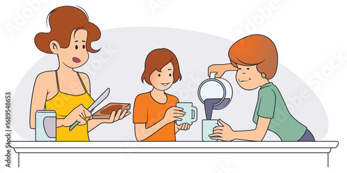 Family having breakfast at table.