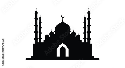 a silhouette of a mosque with tall minarets and domes