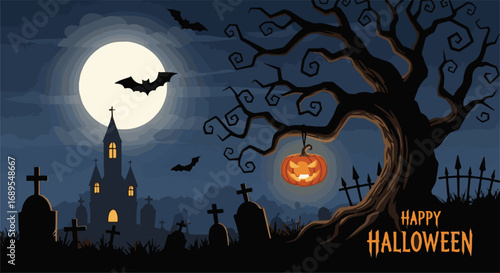 Happy Halloween spooky night scene with full moon, flying bats, eerie twisted tree, glowing pumpkin lantern, and haunted graveyard