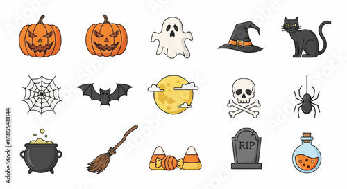Halloween Icons Vector Set with Spooky Jack-o'-lanterns, Ghost, Witch Hat, Black Cat, Bat, Skull, Candy Corn, Cauldron, Tombstone