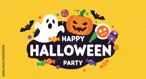 Happy Halloween Party vector illustration with spooky ghost, jack-o-lantern pumpkin, bats, and colorful candies