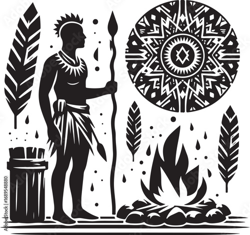 Ancient Tribal Warrior Standing Beside Campfire Holding Spear With Feather Ornaments