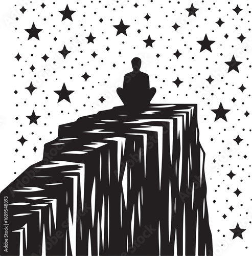 A solitary figure meditates on a mountaintop beneath a starry night sky