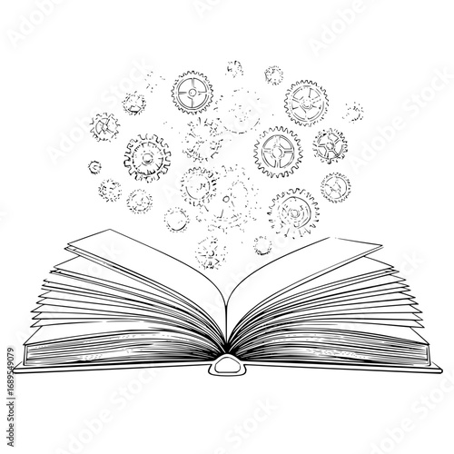 Open book with many pages and gears floating above it in a black and white line drawing illustration