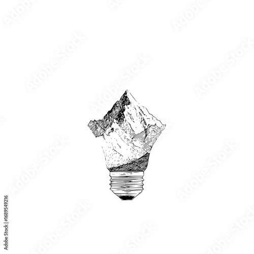 Illustration of a mountain range inside a light bulb with a white background in a sketch style