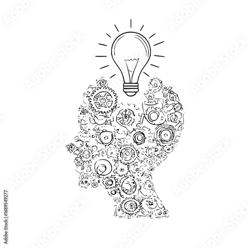 Human head silhouette filled with gears and topped with a light bulb on a white background design