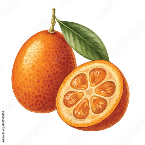 Watercolor Kumquat Illustration: Whole Fruit and Cross-Section, Vibrant, Juicy, and Fresh.