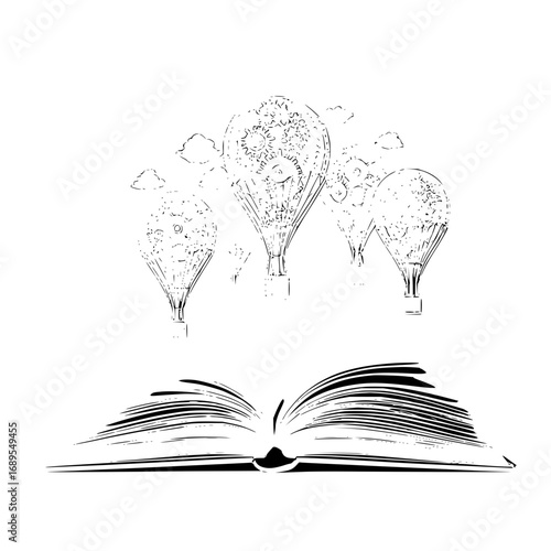 Open book with hot air balloons in the sky above it in black and white line art illustration style image