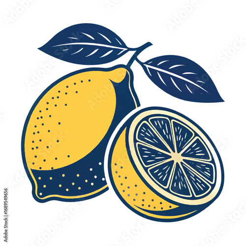 Vintage Style Lemon Illustration: Whole and Halved Citrus Fruit with Leaves