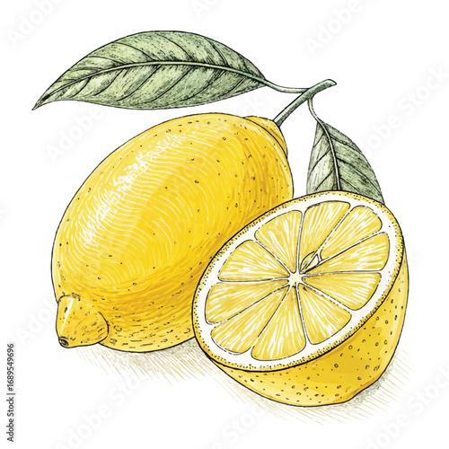 Vibrant Hand-Drawn Lemon Illustration: Whole Fruit and Slice, Fresh Citrus, Zesty Style