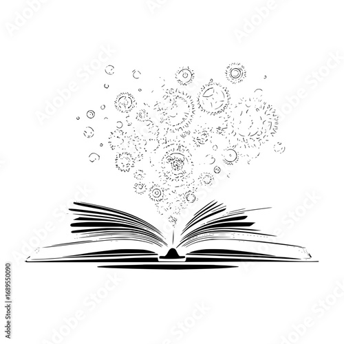 Open book with gears and circles floating above it in black and white drawing style illustration art