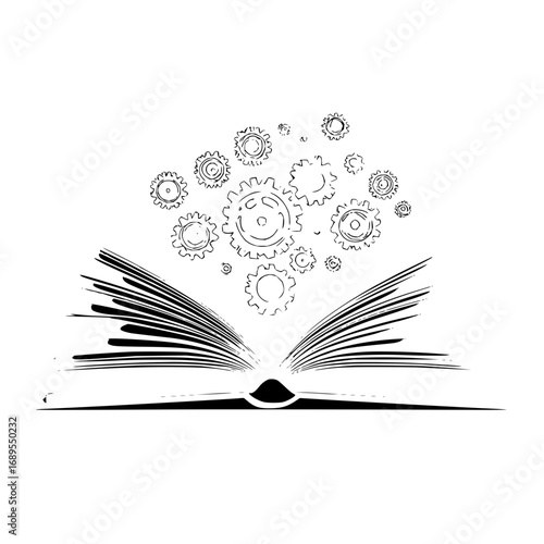 Open book with gears floating above it in a black and white sketch style illustration concept design