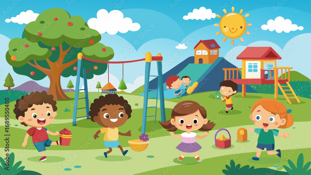 Naklejka premium happy kids playing at the park vector background