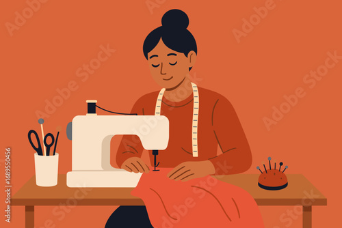 Seamstress at Sewing Machine – Vector Illustration for Tailoring