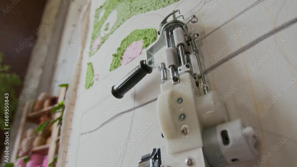 Close up detail shot of electric tufting gun set on canvas in rug tufting workshop with no people, copy space