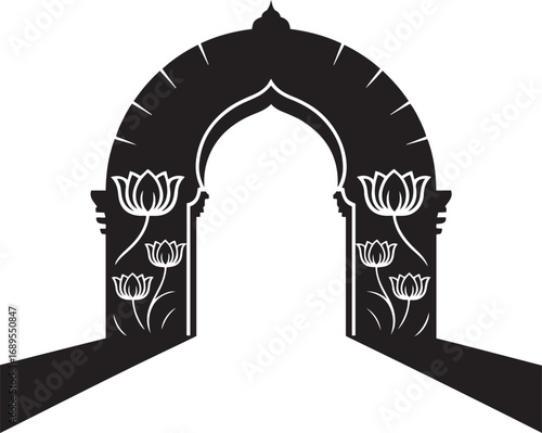 Traditional Indian hindu religion archway with lotus flowers silhouette vector illustration
