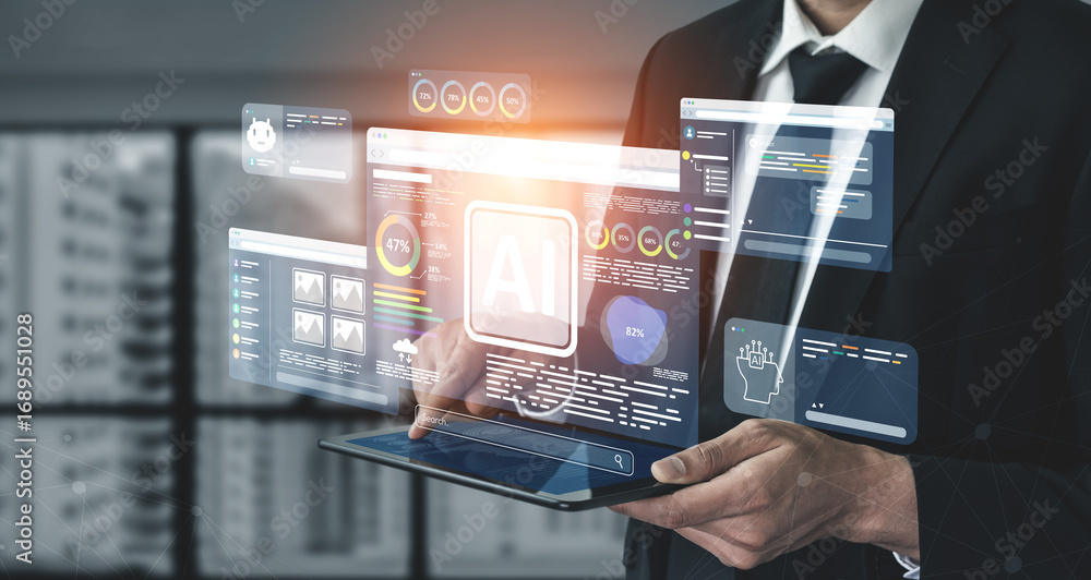 Fototapeta premium AI assistant with LLM, big data, machine learning, and generative AI powers prompt engineering and supports agentic AI for advanced business applications. Vouch