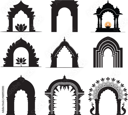 Set of nine traditional Indian archways and gateways silhouettes vector illustration
