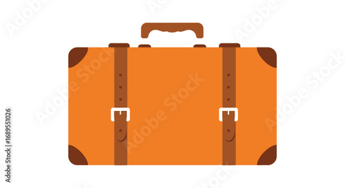 a vibrant orange suitcase with sturdy brown straps and handle