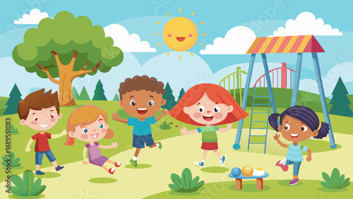 happy kids playing at the park vector background
