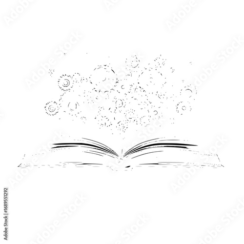An open book with gears and cogs floating above it suggesting ideas and knowledge being generated from reading