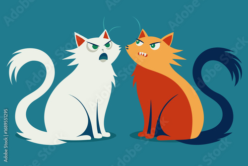 Two cats sitting opposite each other hissing, fluffy tails, tense atmosphere