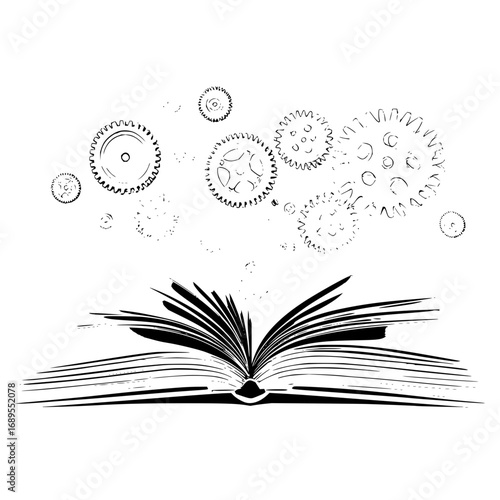 Open book with pages and gears floating above it in a black and white sketch style illustration art