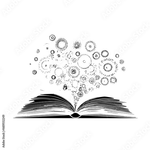Open book with gears and cogs emerging from its pages in a black and white graphic illustration style