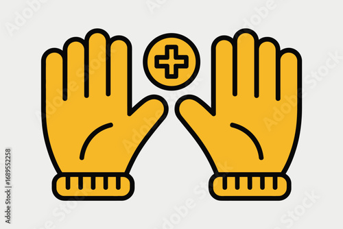 Two yellow gloves facing each other with a circle and plus sign in between on a white background