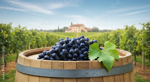 Ripe Purple Grapes on an Oak Barrel in a Picturesque Vineyard with a Chateau.