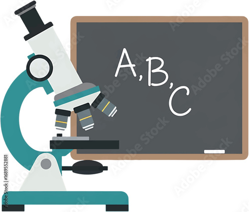 Introduction to science and biology with a microscope and chalkboard. A concept of learning the fundamentals and basics of education in school